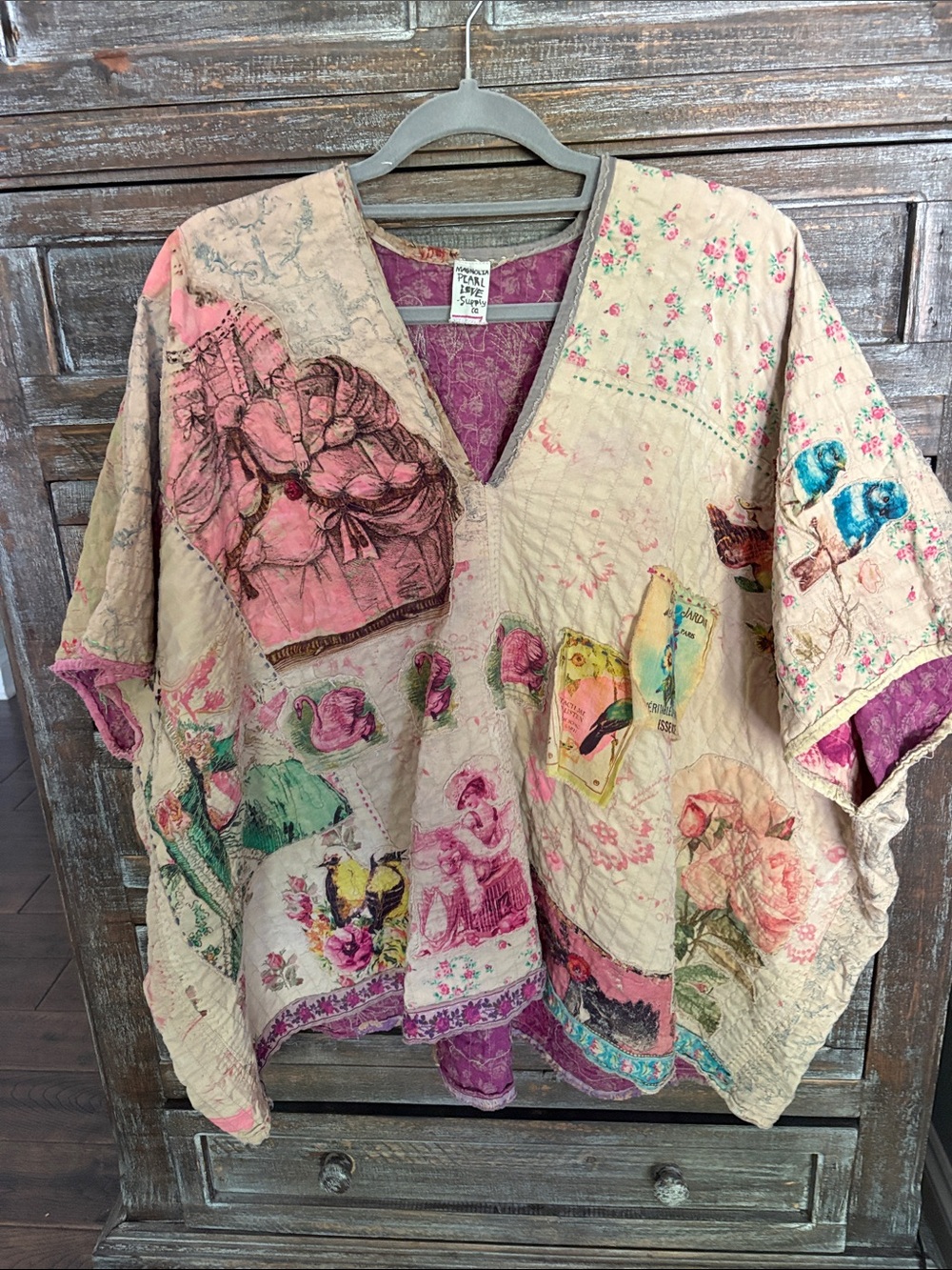 Magnolia Pearl Cream Patchwork Poncho with Pink, Teal & Purple Accents - Picture 2 of 12